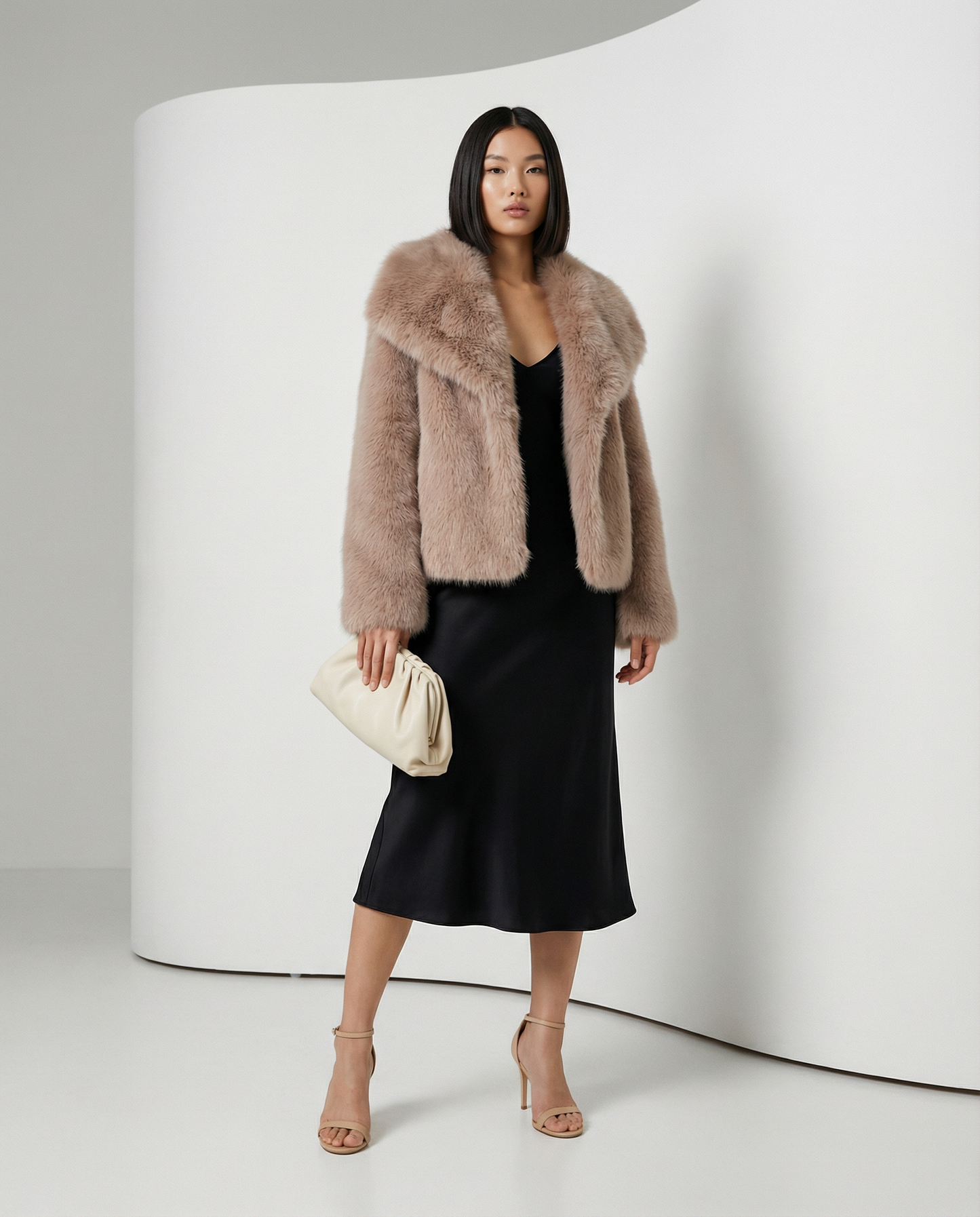 Neriah faux-fur jacket in rose gold, front view with a cream clutch held at the waist