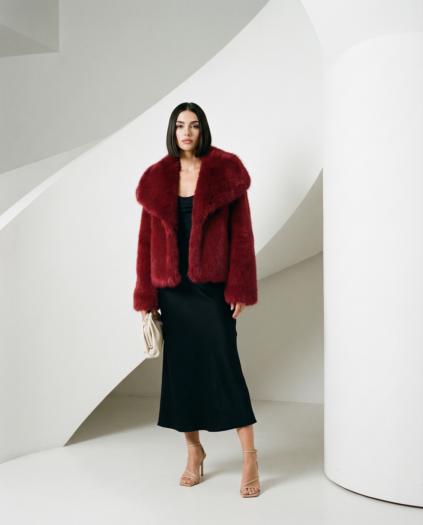 Scarlet red Neriah plush faux-fur jacket worn open over a black midi dress against a curved wall