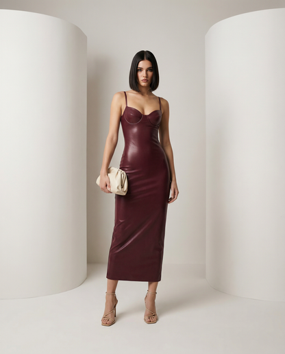 Burgundy Noira bodycon dress in faux leather with a bustier bodice and thin straps, full length