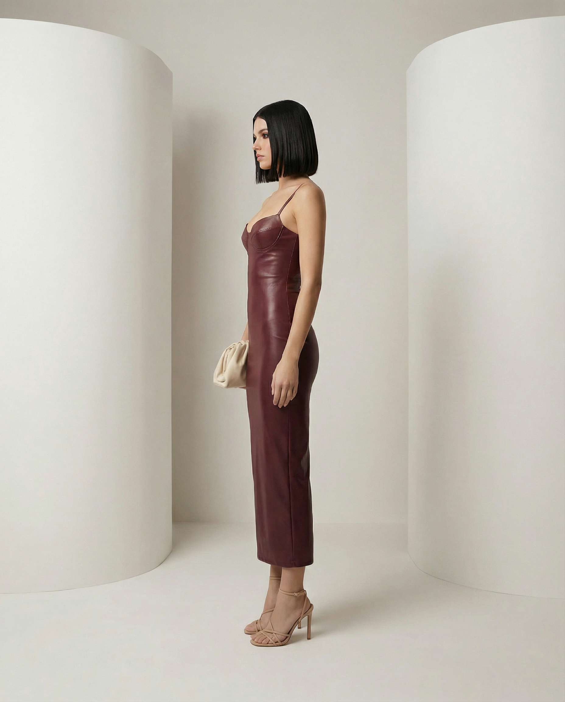Noira bodycon dress in oxblood shown from the side, body-skimming fit with hem at mid-calf