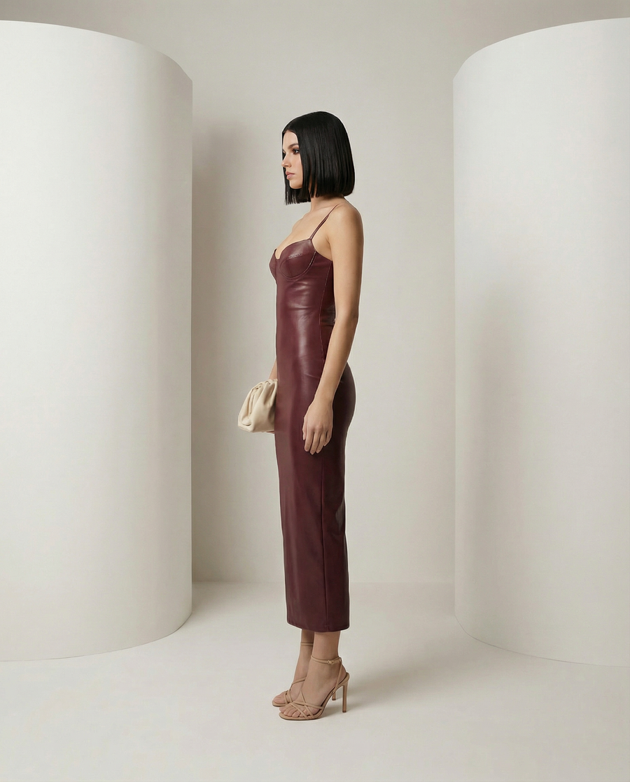 Burgundy Noira bodycon dress in faux leather with a bustier bodice and thin straps, full length