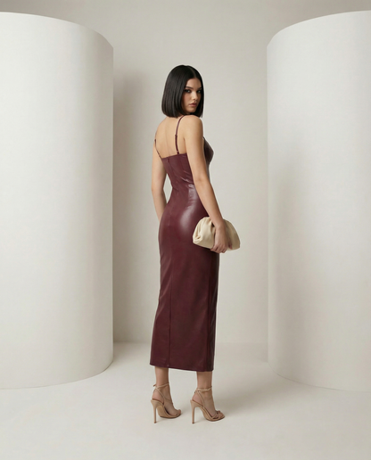 Burgundy faux-leather midi dress from the back, seamed bodice and narrow straps, full length