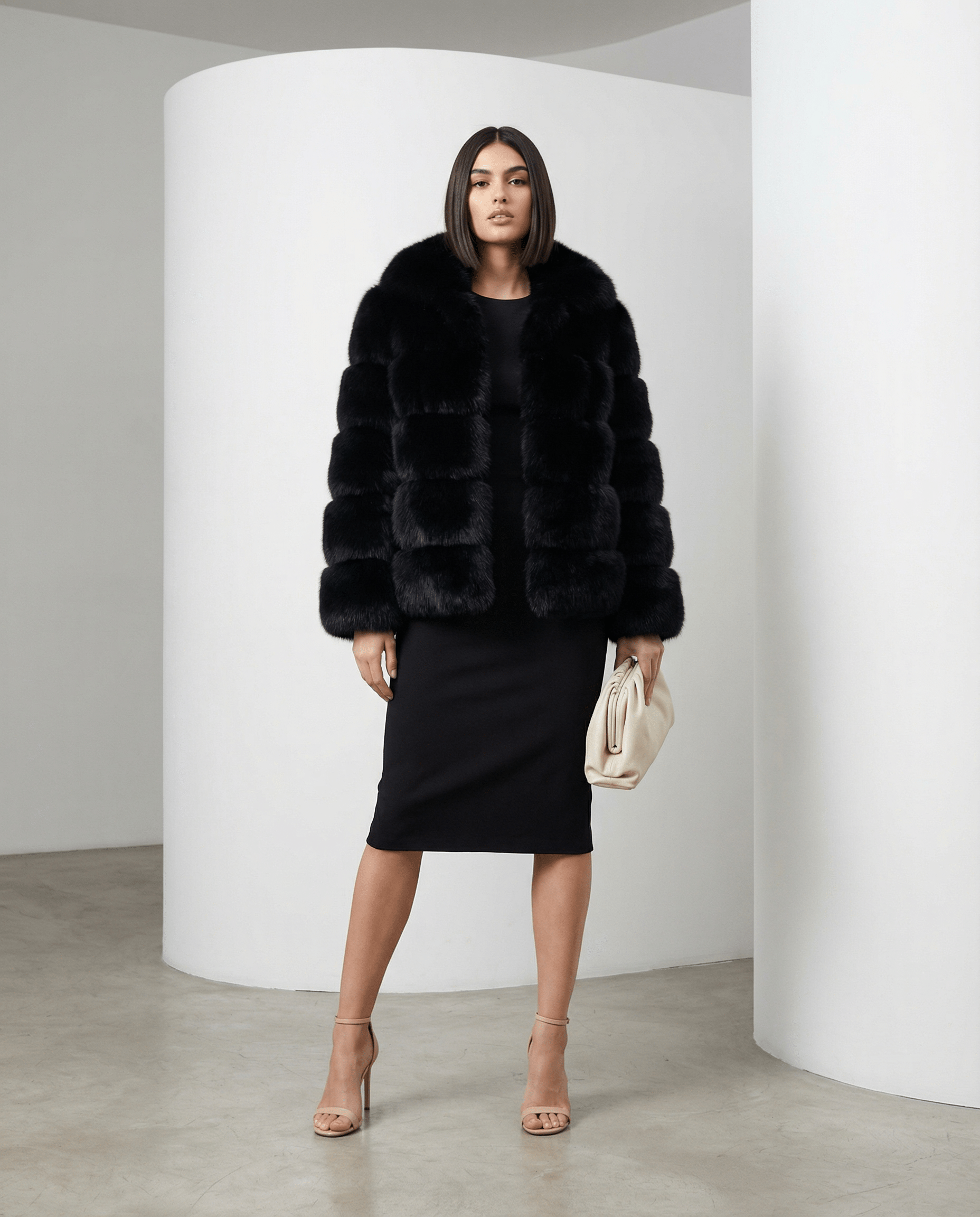 Black Nova faux-fur bubble jacket worn open over a black midi pencil dress, full length front view