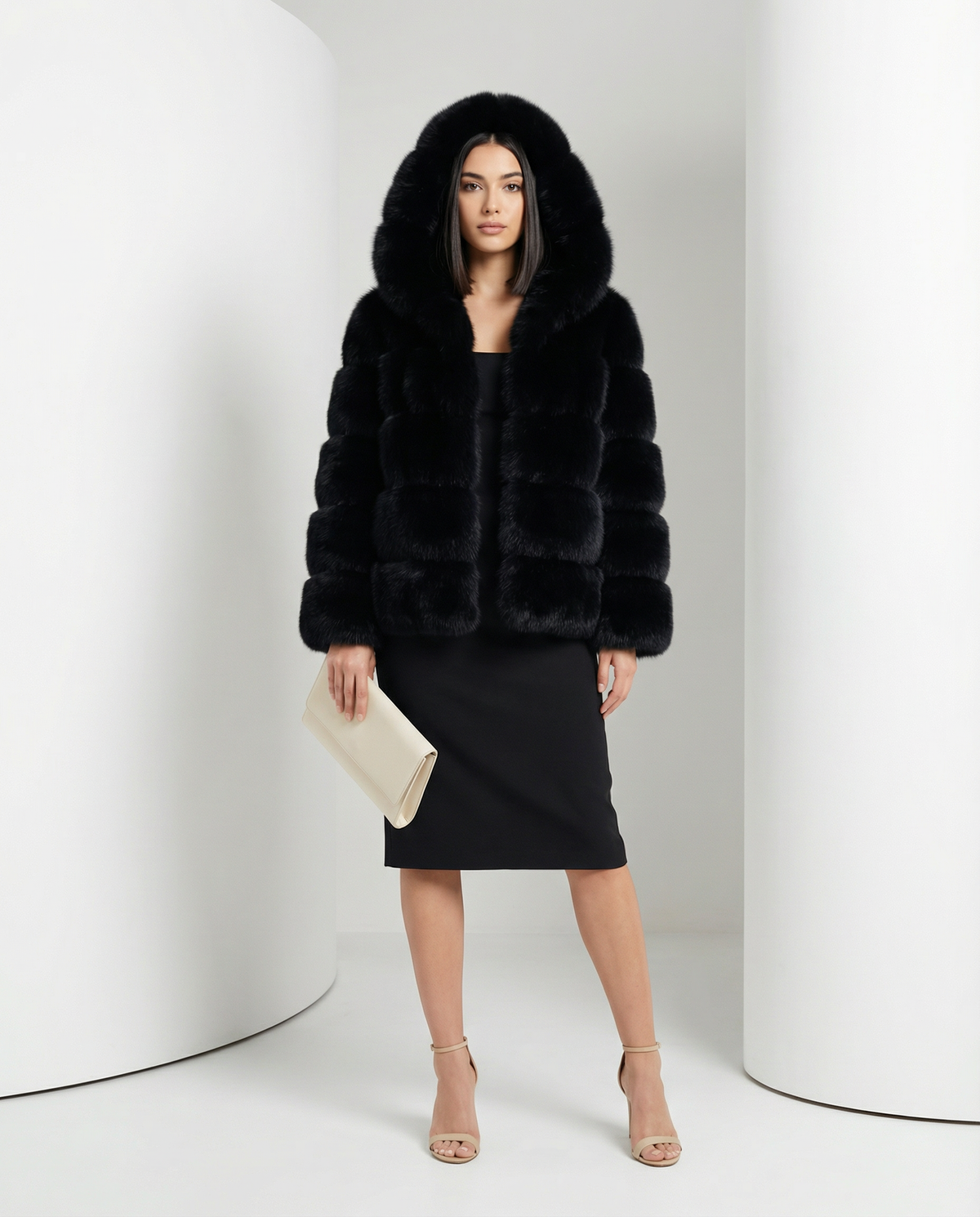 Nova faux-fur bubble jacket in black with the hood up, styled over a black midi dress, full length