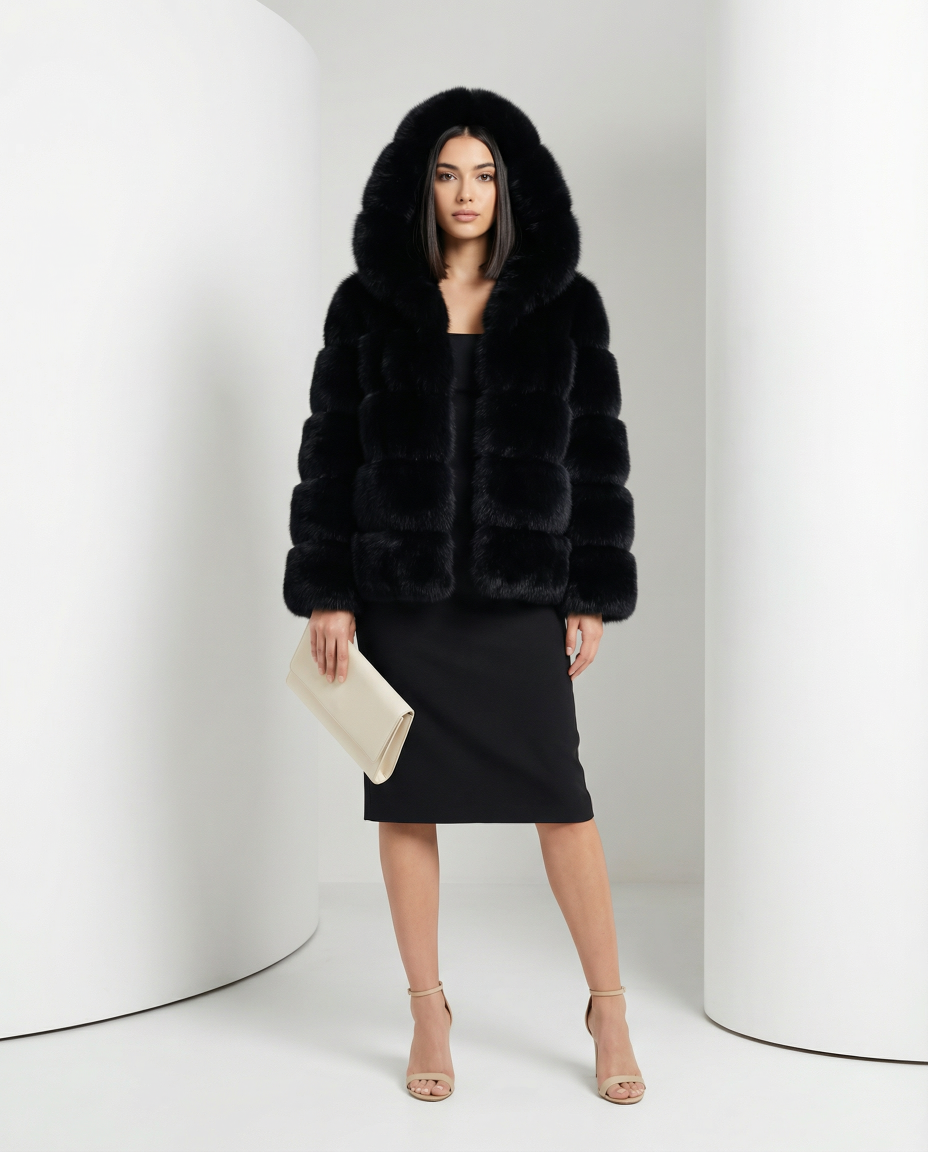 Nova faux-fur bubble jacket in black with the hood up, styled over a black midi dress, full length