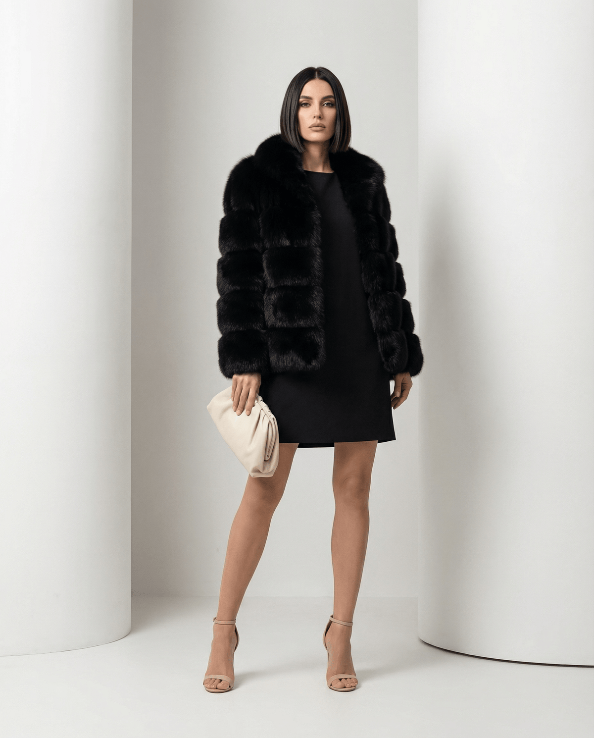 Black faux-fur bubble jacket worn open over a short black shift dress, full length with a cream clutch