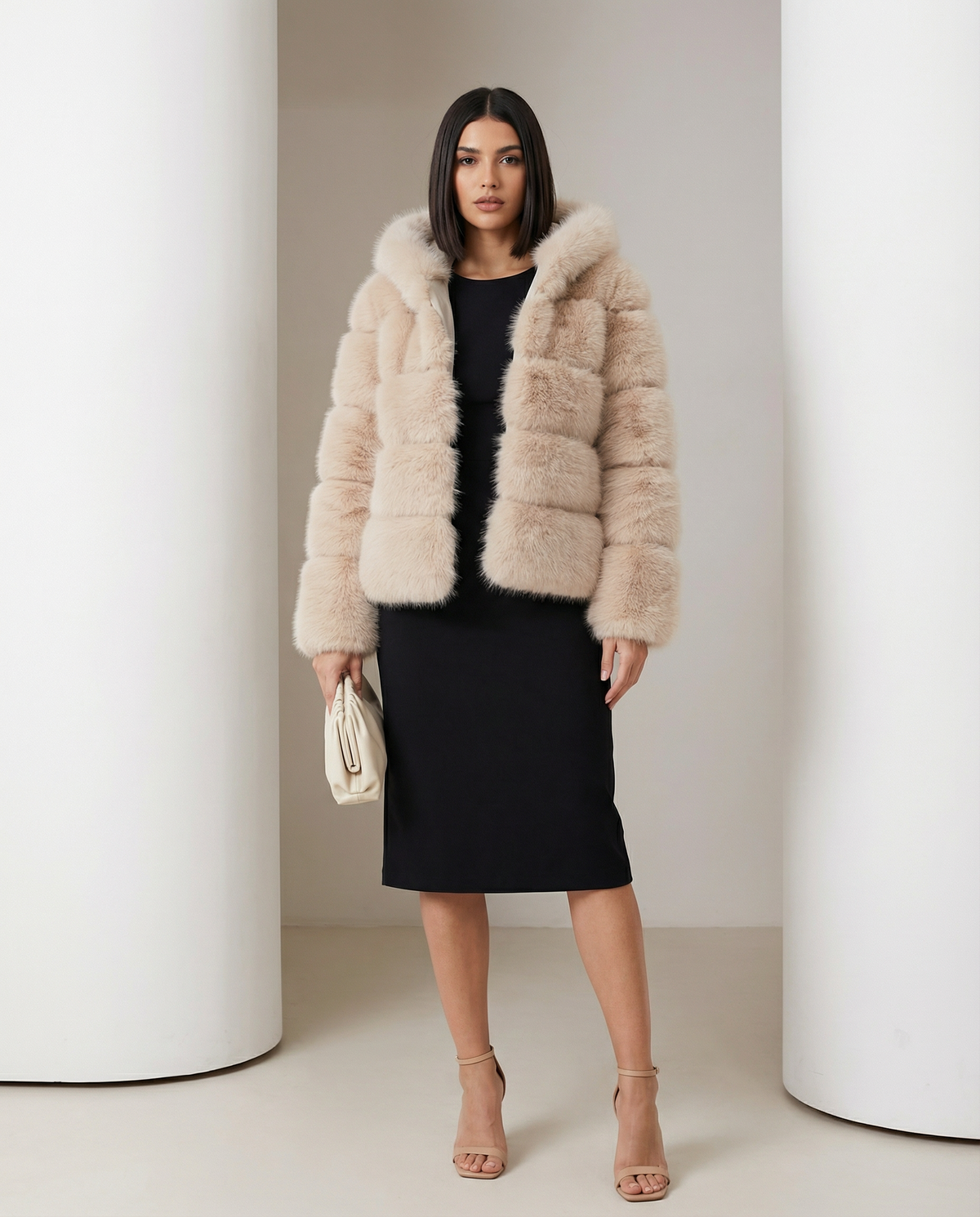 Beige faux-fur bubble jacket over a black pencil midi dress, full length between two white columns