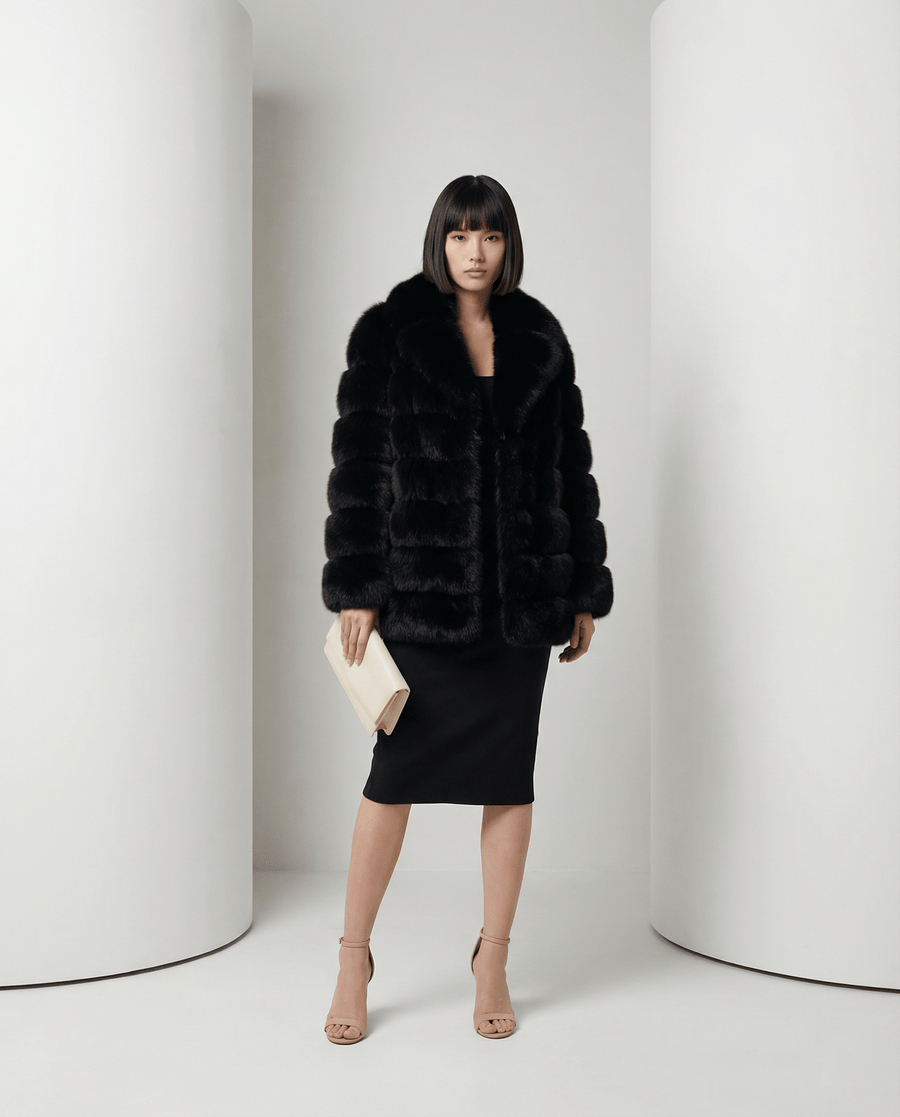 Black Nova faux-fur bubble jacket worn open over a black midi pencil dress, full length front view