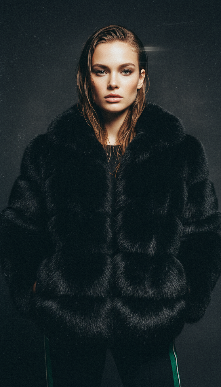 Black faux-fur bubble jacket on a dark studio backdrop, three-quarter crop showing the panelled sleeves