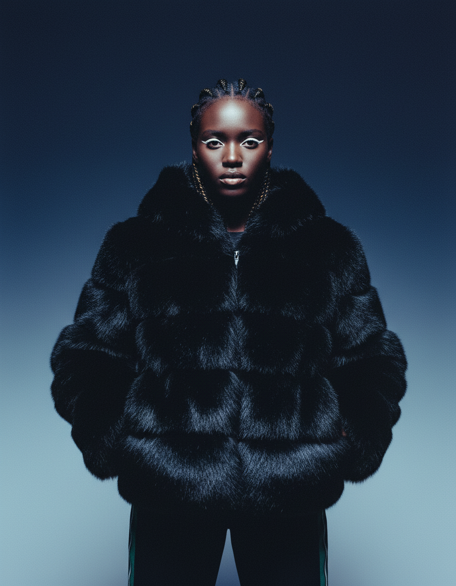 Black faux-fur bubble jacket zipped closed with the collar raised, front view on a blue-grey backdrop