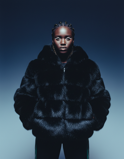 Black faux-fur bubble jacket zipped closed with the collar raised, front view on a blue-grey backdrop