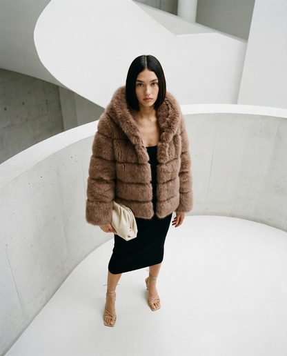 Nova faux-fur bubble jacket in taupe brown seen from a high angle on a concrete ramp, full length