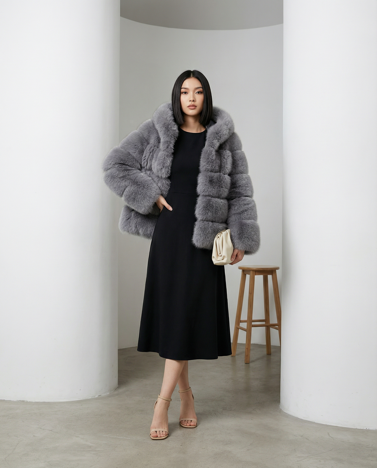 Grey Nova faux-fur bubble jacket with one hand in the pocket, worn over a black A-line midi dress