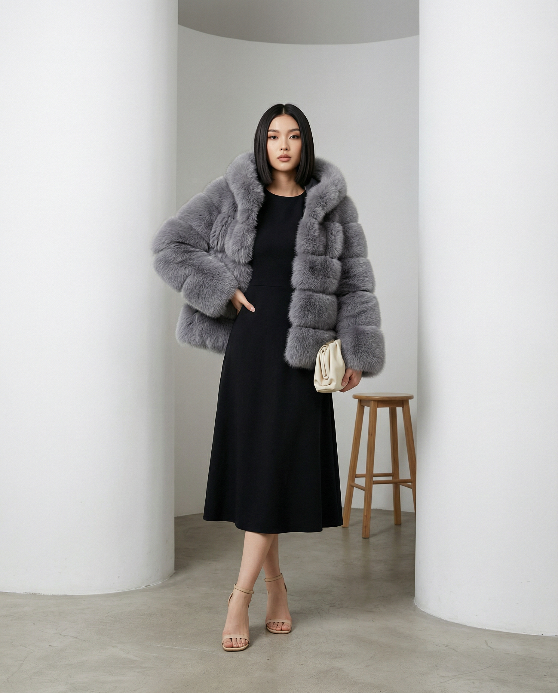 Grey Nova faux-fur bubble jacket with one hand in the pocket, worn over a black A-line midi dress
