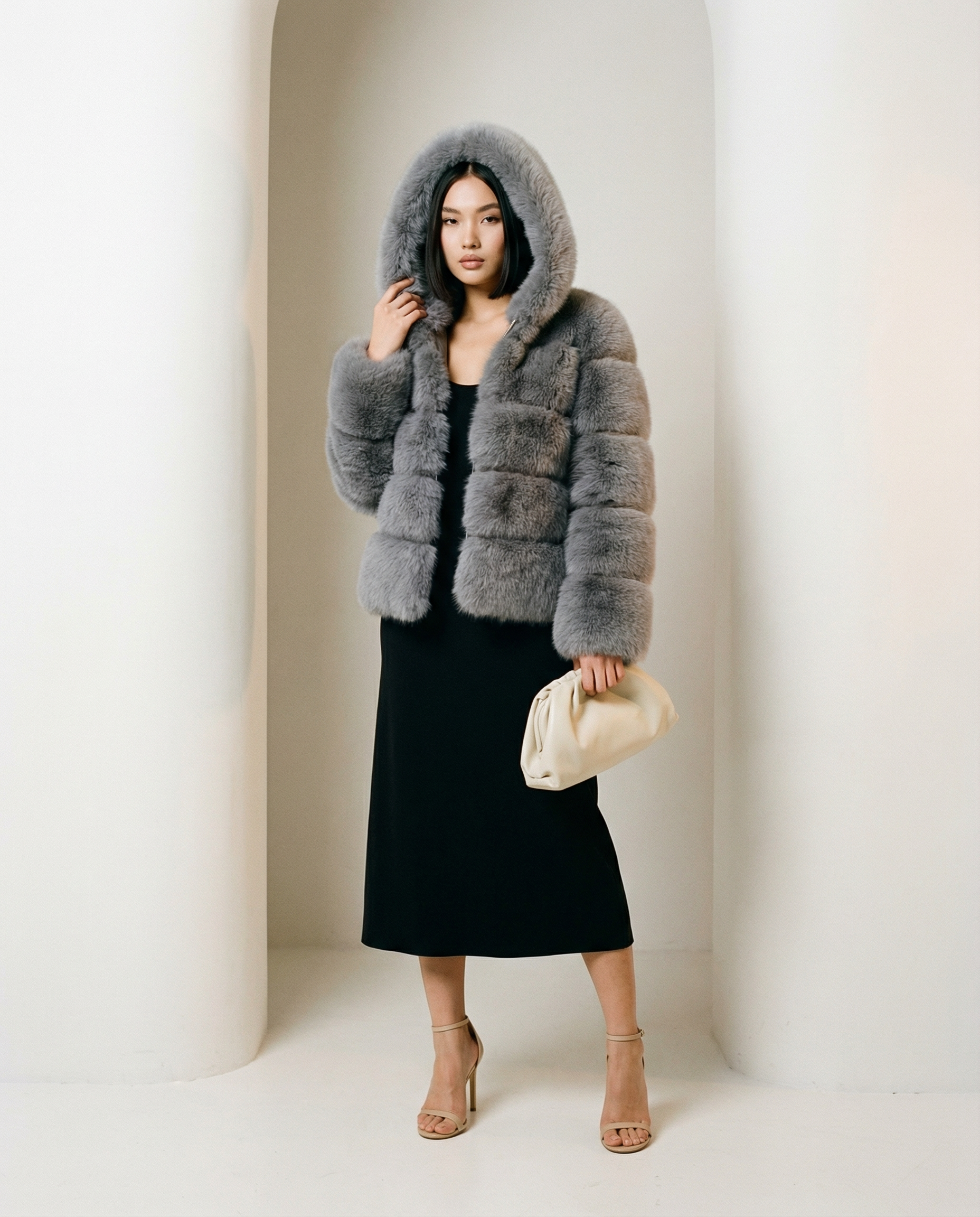 Grey faux-fur bubble jacket with the hood pulled up and a hand raised to the fur trim, full length