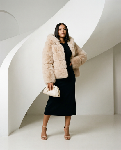 Beige Nova faux-fur bubble jacket worn open over a black midi dress, full length against a white curve