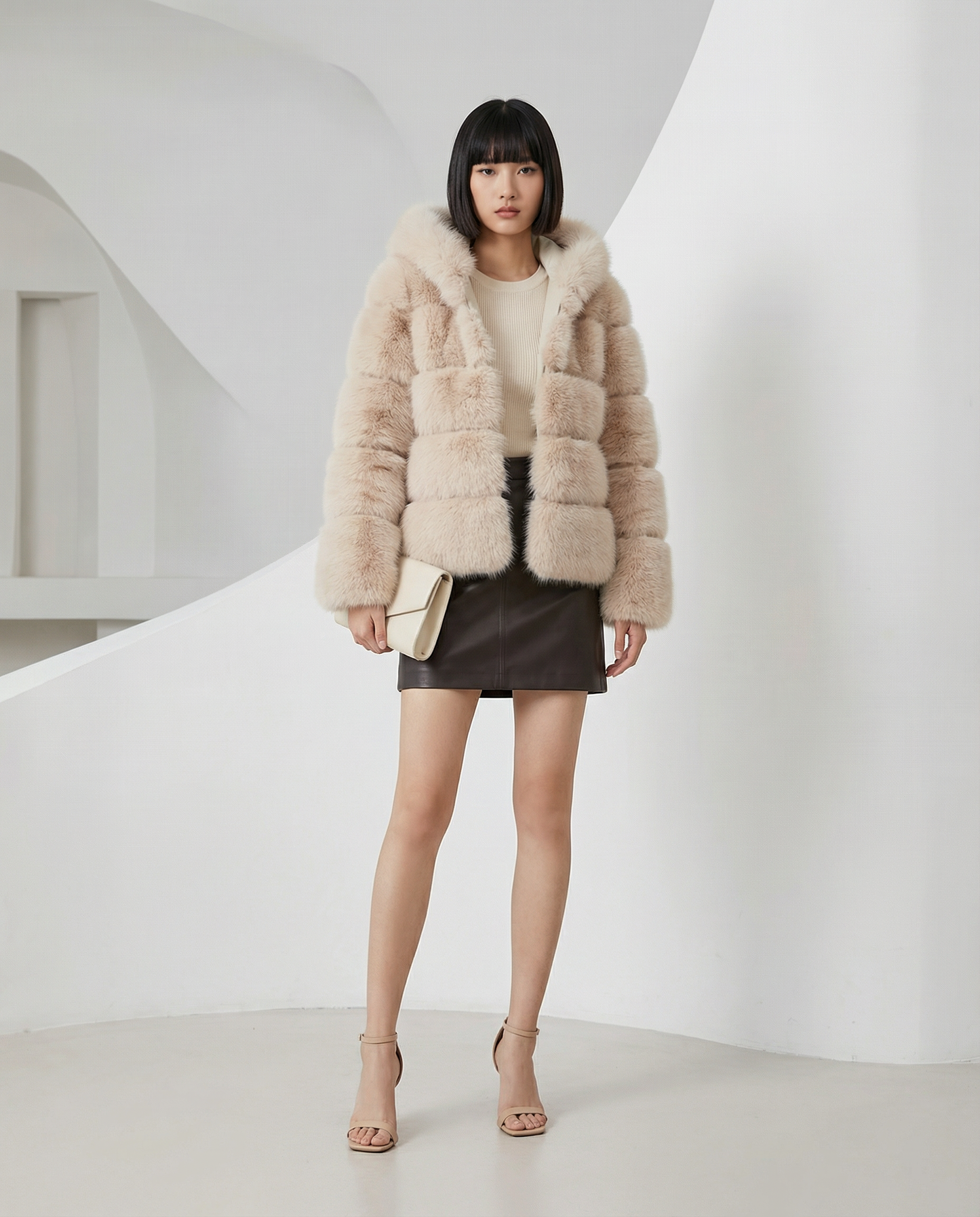Nova faux-fur bubble jacket in beige over a cream top and dark brown leather mini skirt, full length