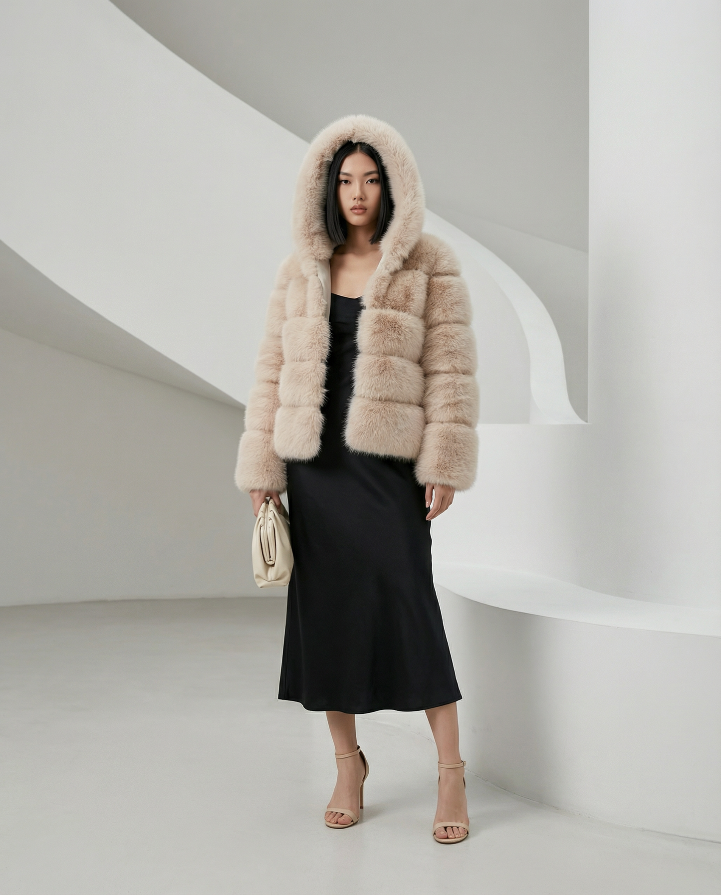 Beige faux-fur bubble jacket with the hood up over a black satin slip midi dress, full length