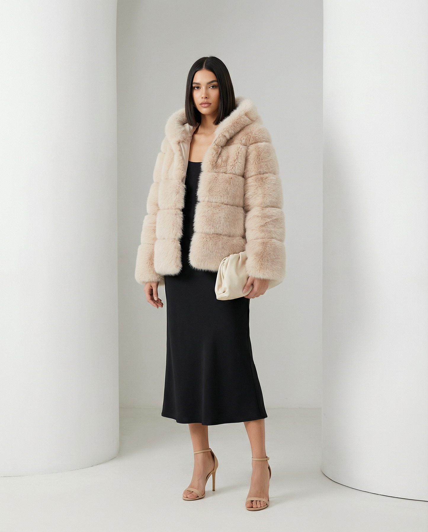 Champagne beige faux-fur bubble jacket worn open over a black bias-cut slip dress, full length