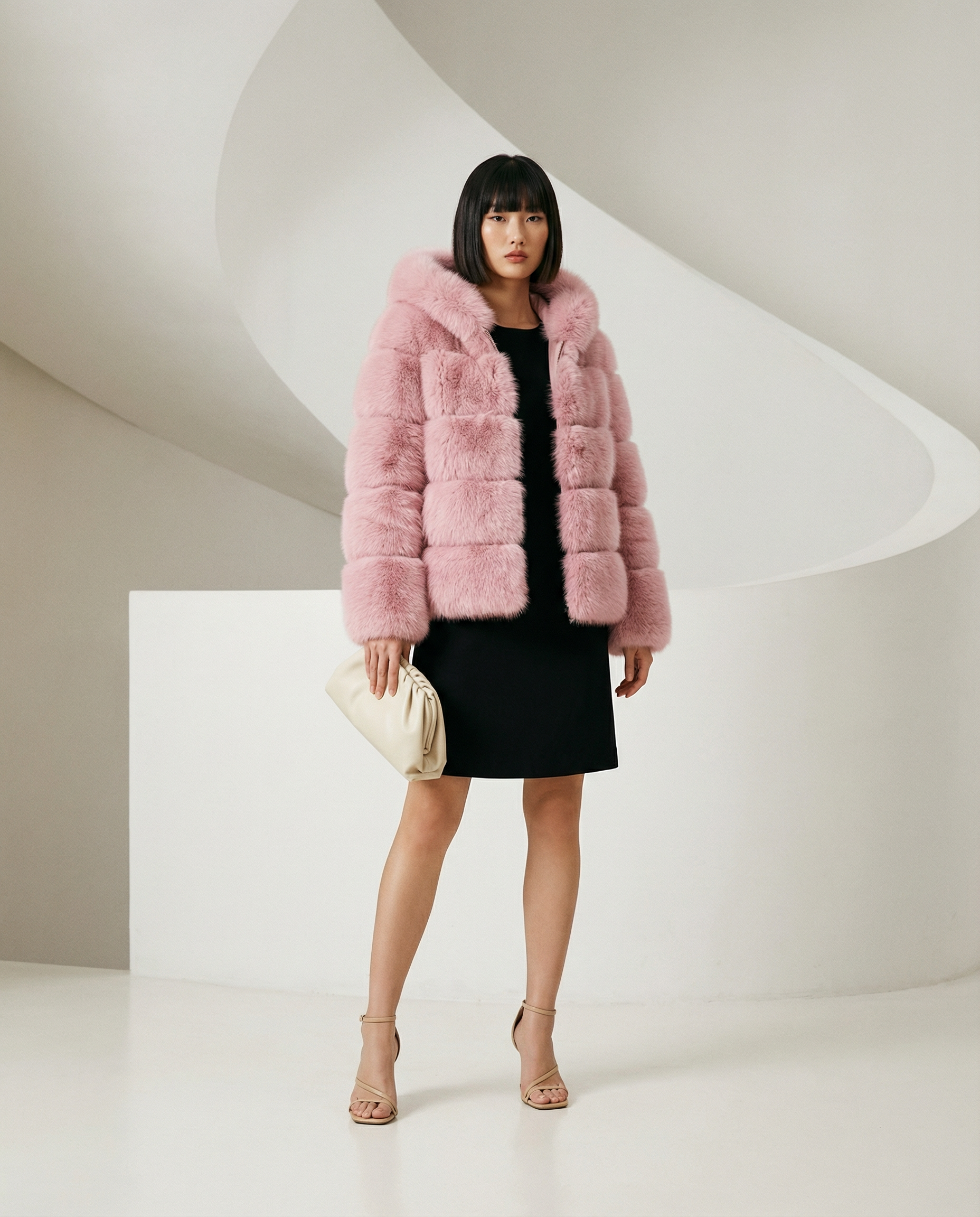 Rose pink faux-fur bubble jacket over a short black shift dress, full length on a curved white set