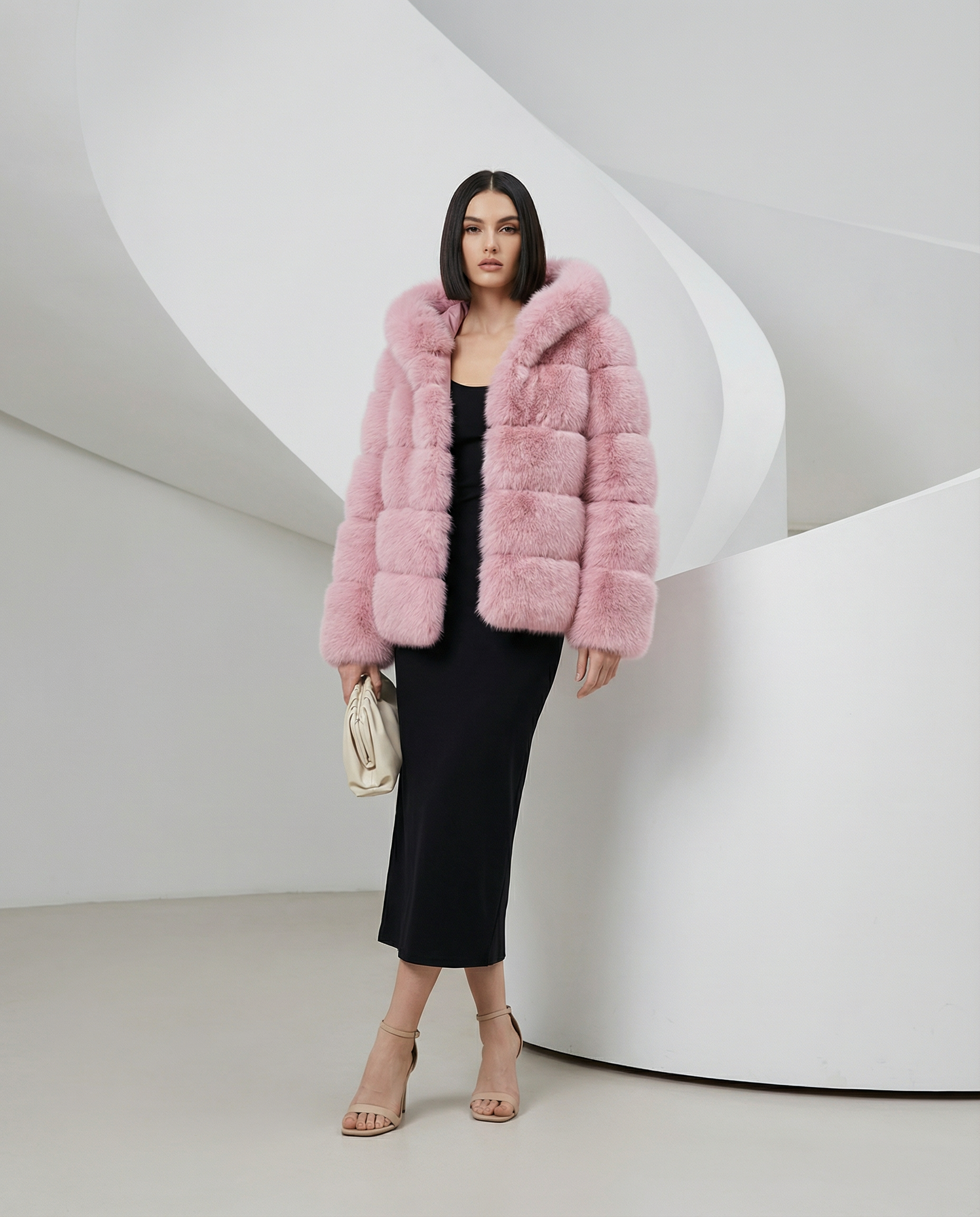 Rose pink faux-fur bubble jacket worn open over a black midi dress, full length three-quarter pose