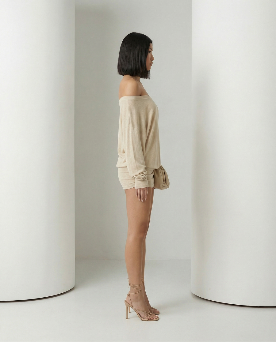 Beige Obsidian dress with off-shoulder neckline and blouson sleeves, full-length front view