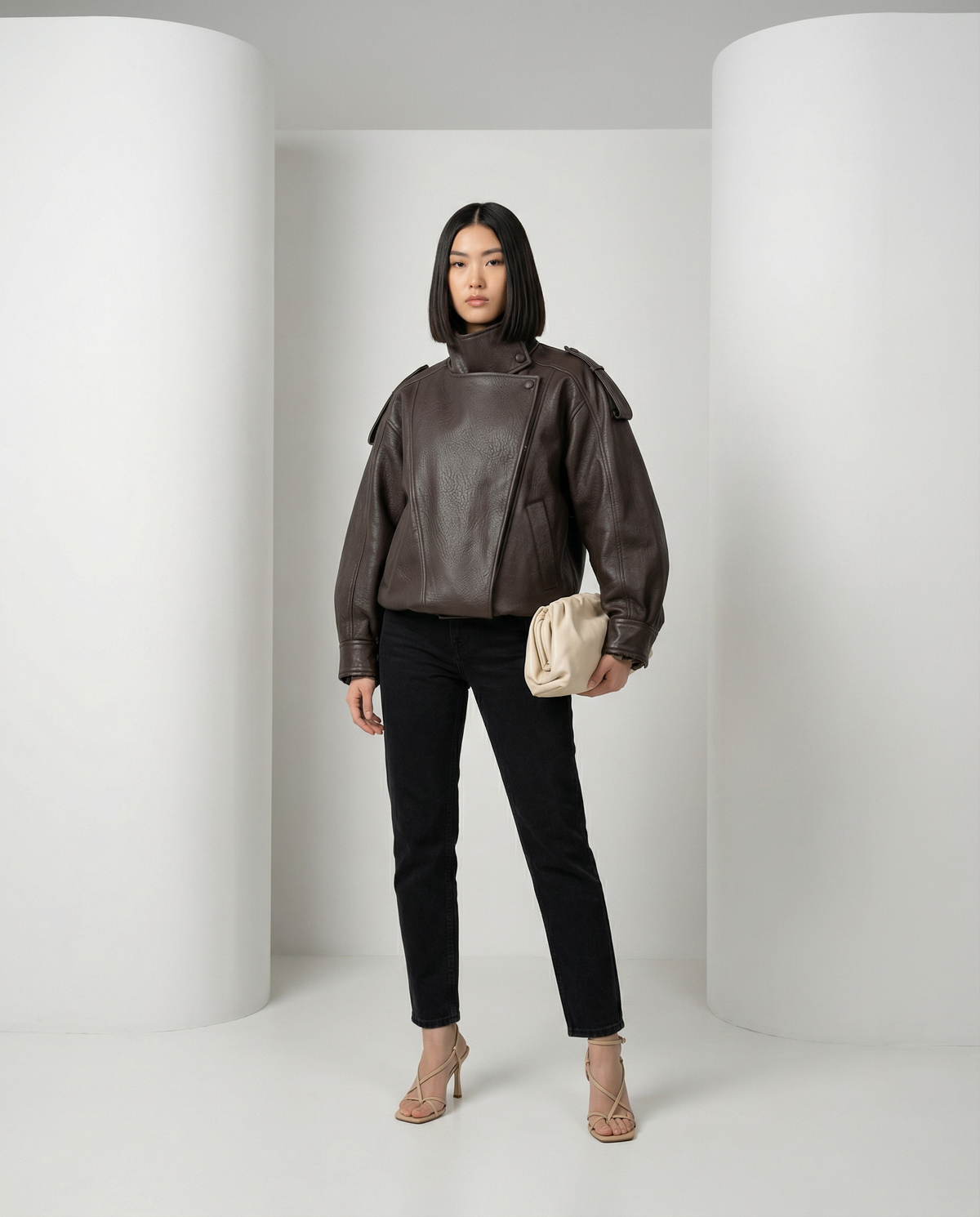 Bitter chocolate Onyx Jacket with shoulder tabs and asymmetric zip, front view, full length