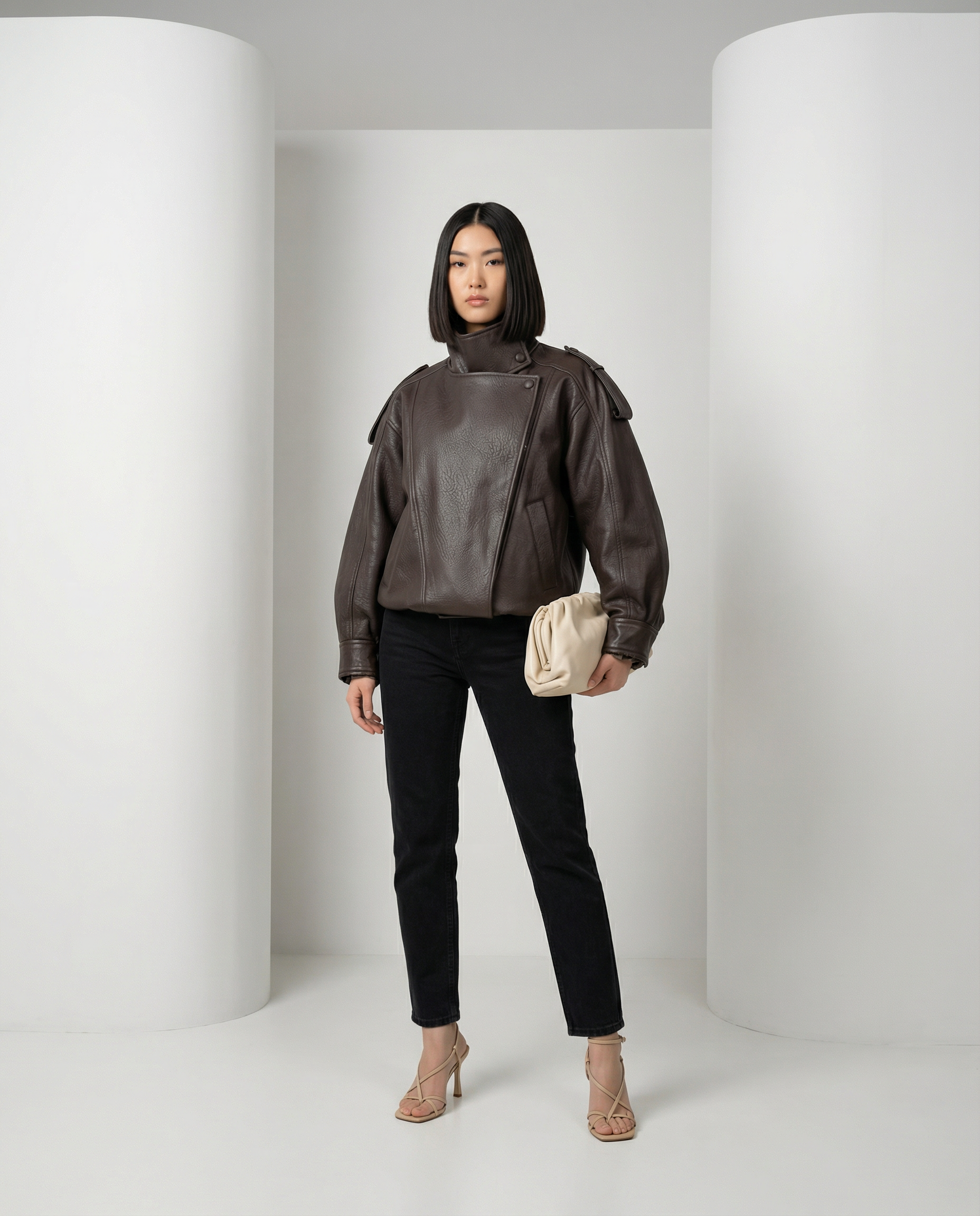 Bitter chocolate Onyx Jacket with shoulder tabs and asymmetric zip, front view, full length