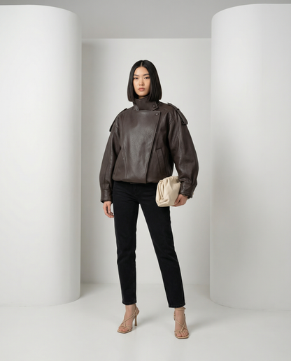 Bitter chocolate Onyx Jacket with shoulder tabs and asymmetric zip, front view, full length