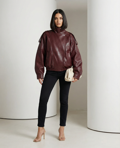 Burgundy Onyx Jacket with high funnel collar over black skinny jeans, front view, full length