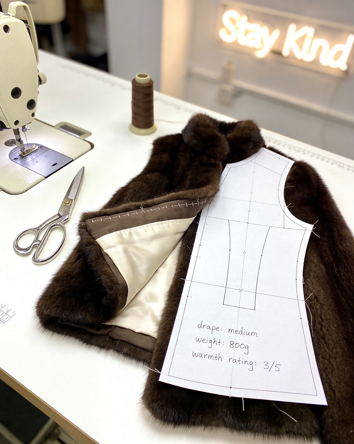 Brown faux-fur vest pinned to a paper pattern at a sewing machine, under a Stay Kind neon sign