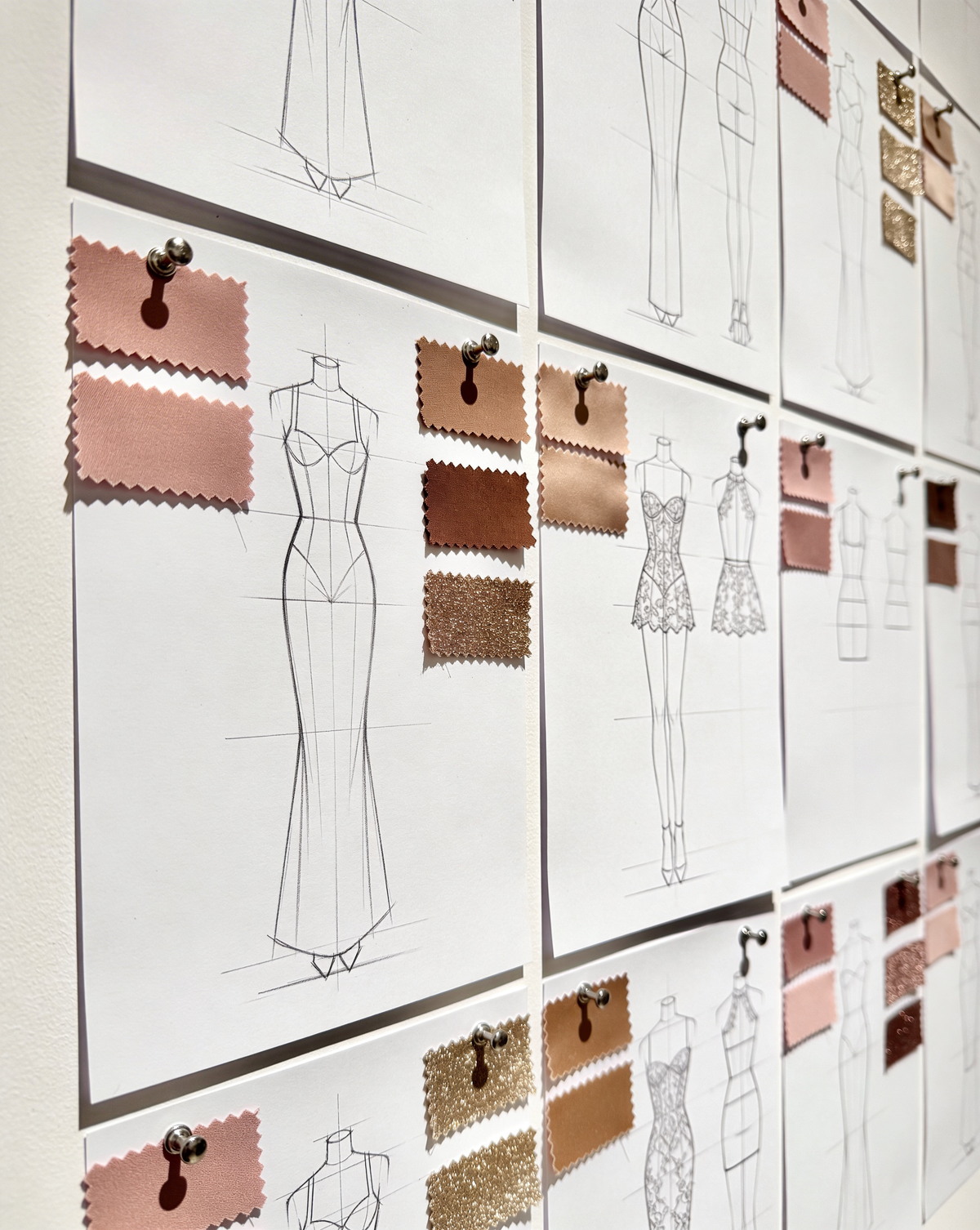 A wall of dress sketches with rose and gold fabric swatches pinned to each sheet