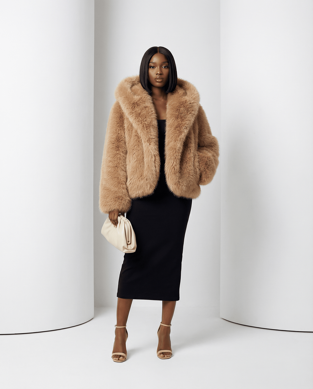 Ravena hooded faux-fur jacket in amber fox, hood down, front view over a black midi dress
