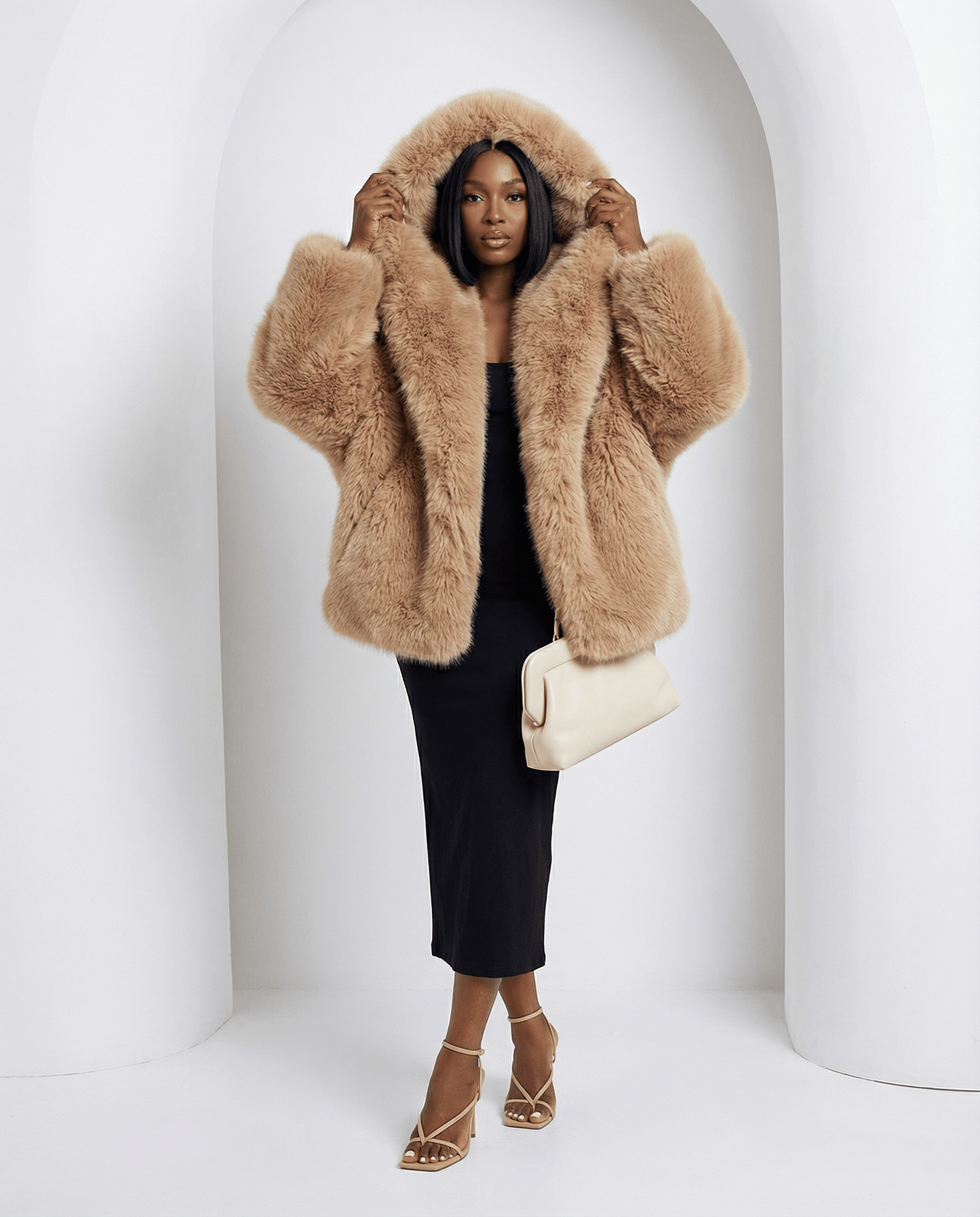 Amber fox hooded faux-fur jacket with both hands lifting the hood, front view in an arched alcove