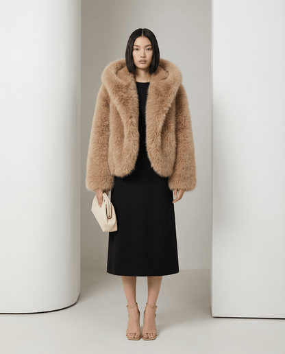 Amber fox cropped faux-fur jacket worn open over a black midi dress, hood resting flat at the collar