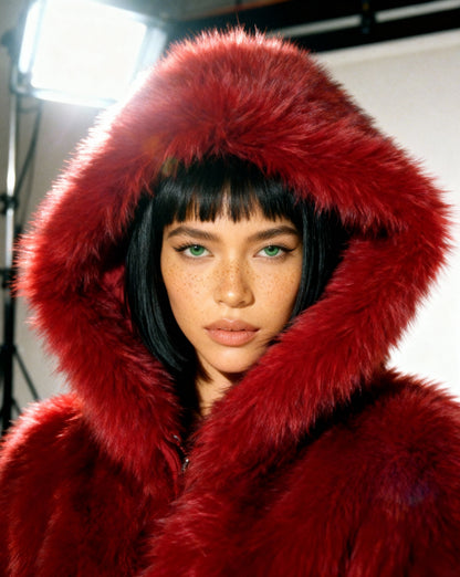Scarlet red faux-fur hood framing the face, close detail of the dense red pile and hood opening