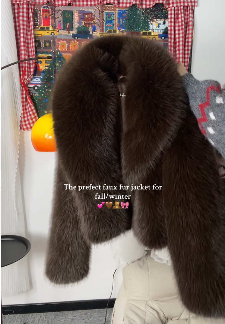 Brown faux fur jacket held up in a bedroom, with an overlaid caption about fall and winter