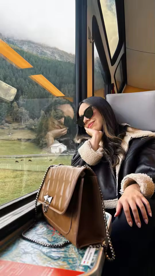 Black shearling-lined jacket worn on a train, mountains through the window and a tan bag