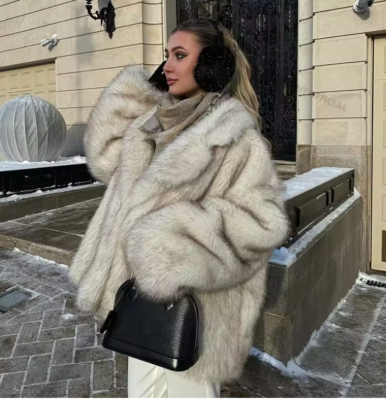 Oversized ivory faux fur coat with black earmuffs and a black top-handle bag on a snowy street