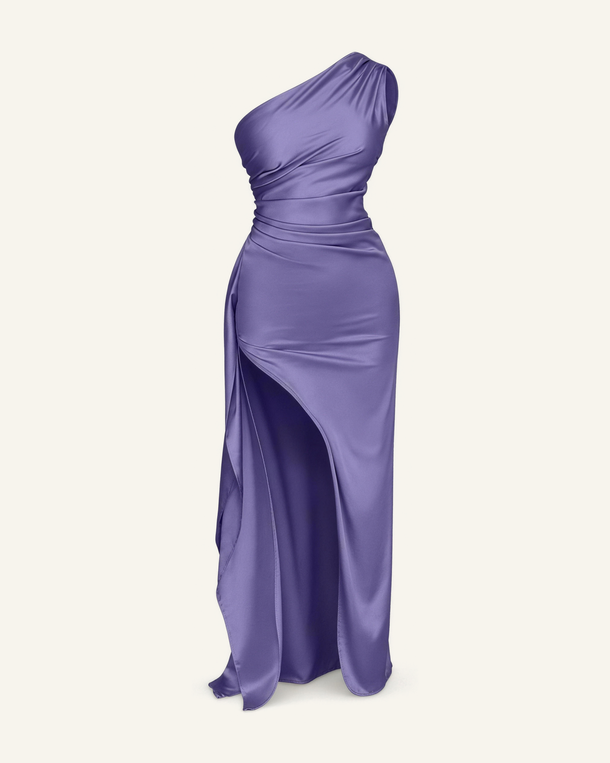 The Runa one-shoulder satin gown in lilac shown alone against a bone background, full length
