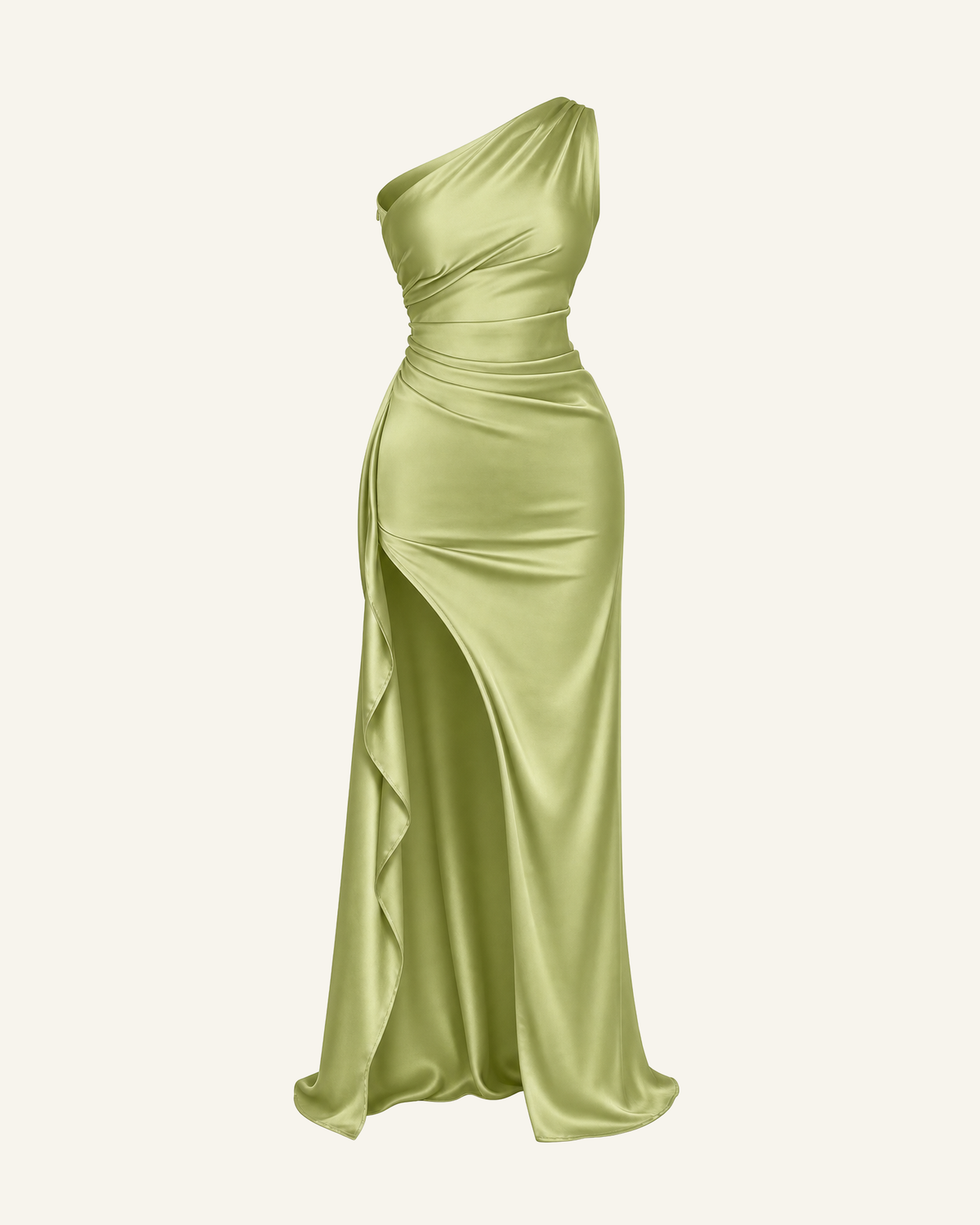 The Runa one-shoulder satin gown in lime green shown alone against a bone background