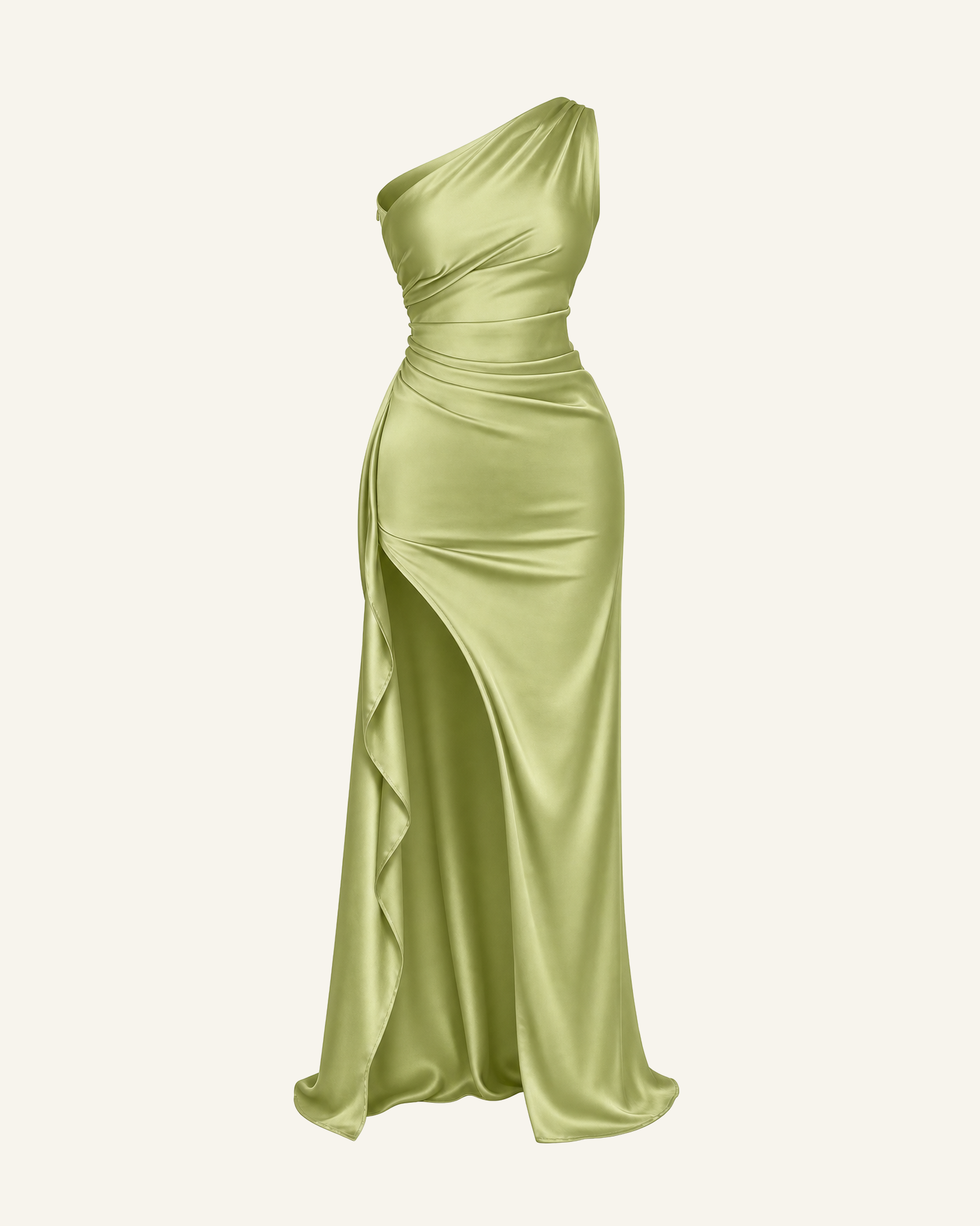 The Runa one-shoulder satin gown in lime green shown alone against a bone background