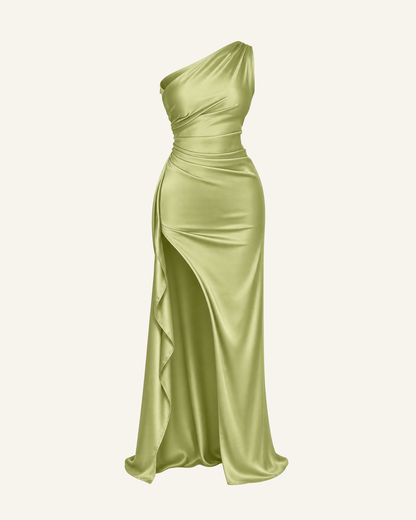 The Runa one-shoulder satin gown in lime green shown alone against a bone background