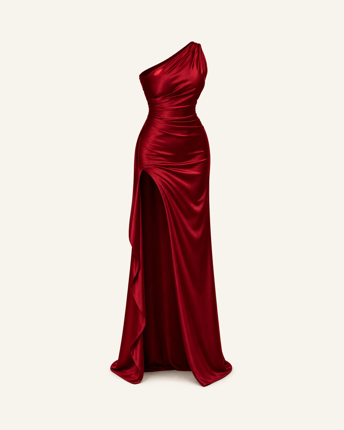 The Runa one-shoulder satin gown in deep red shown alone against a bone background