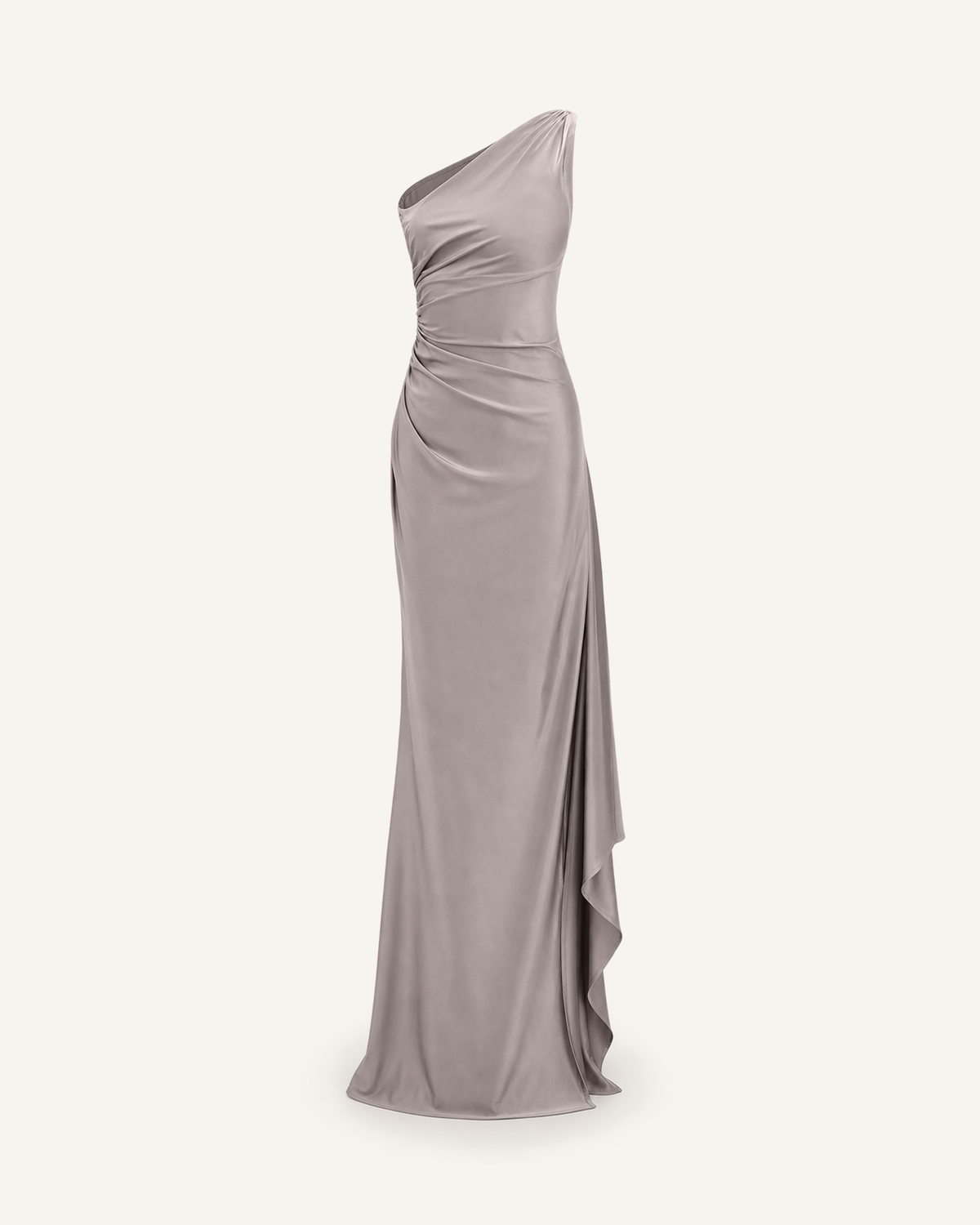 The Runa one-shoulder satin gown in stone taupe shown alone against a bone background