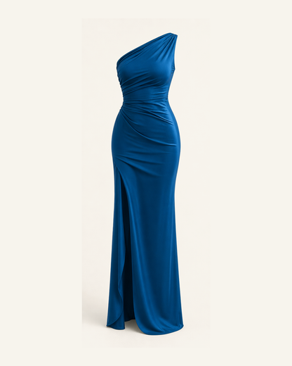 The Runa one-shoulder satin gown in deep teal shown alone against a bone background
