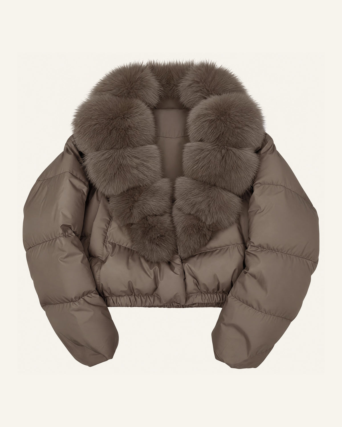 The Saga cropped faux-fur collar puffer in taupe shown alone on a bone background, front view
