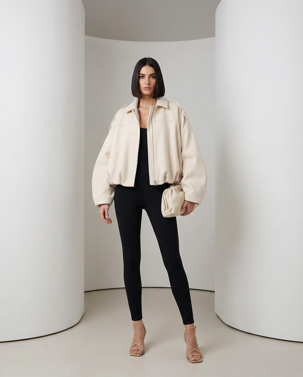 Beige cropped bomber worn open over a black bodysuit and leggings, standing full length front view
