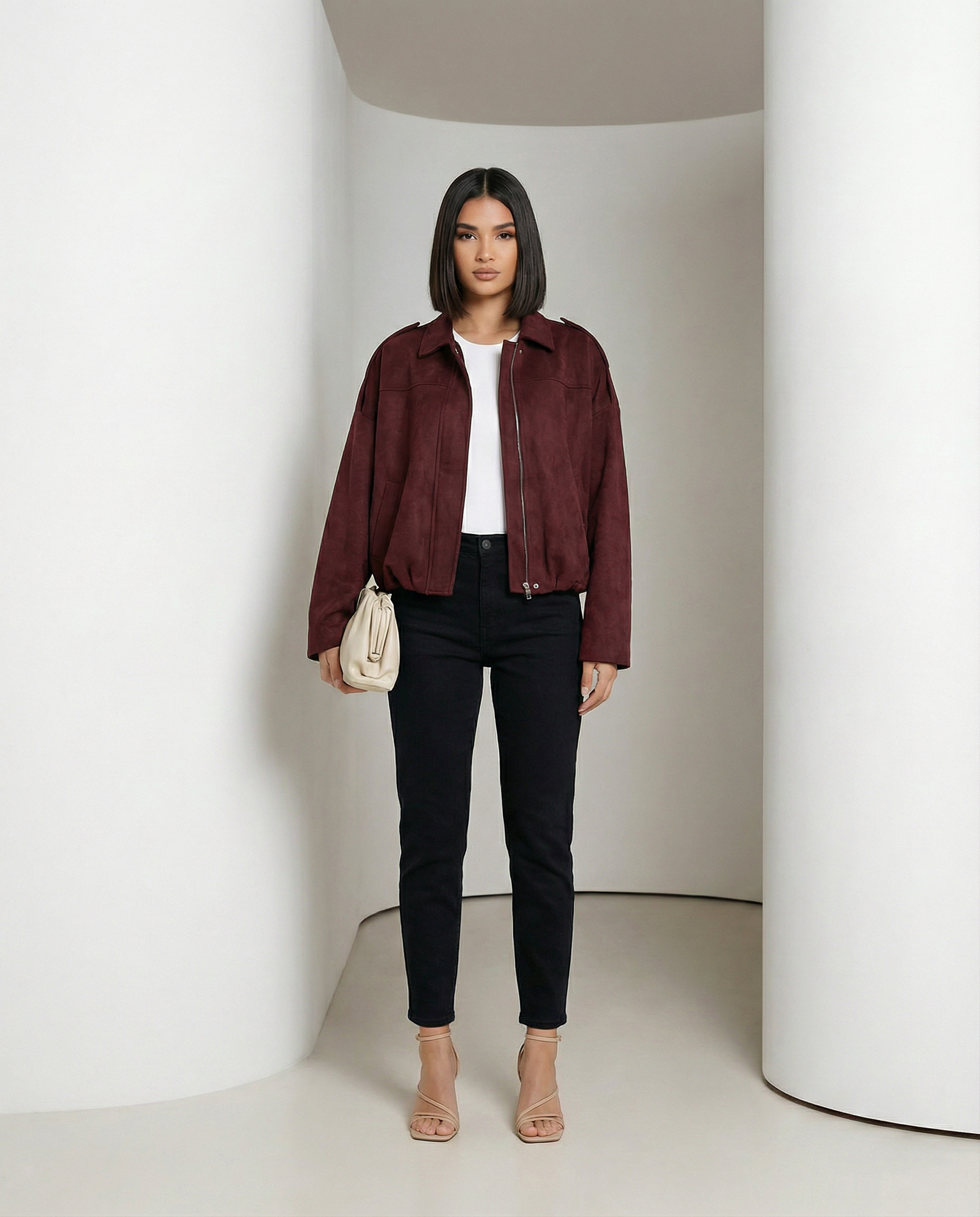 Burgundy suede bomber worn open over a white tee and black jeans, zip front, full length front view