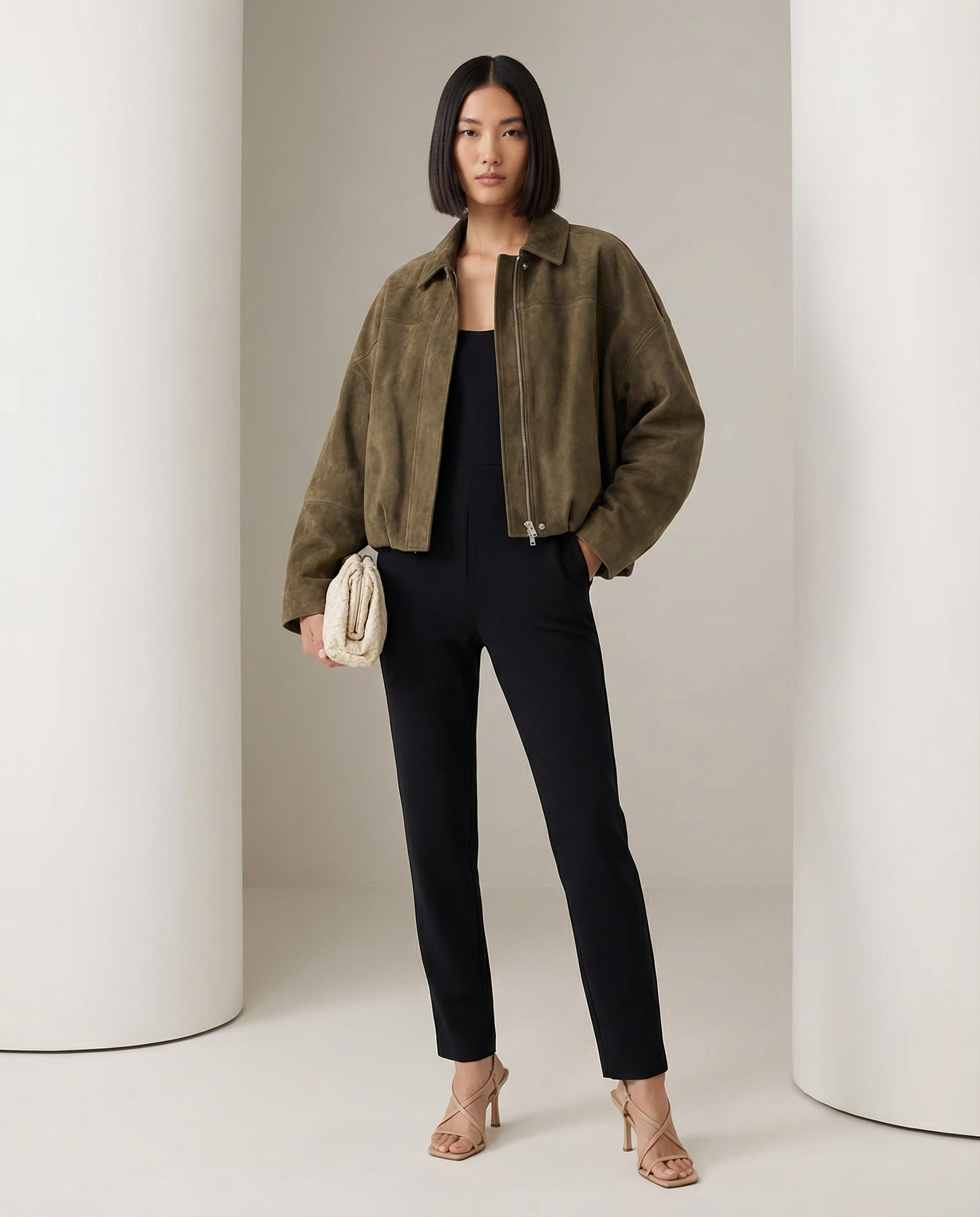 Olive-green suede bomber worn open over black tailored trousers, one hand in the pocket, full length